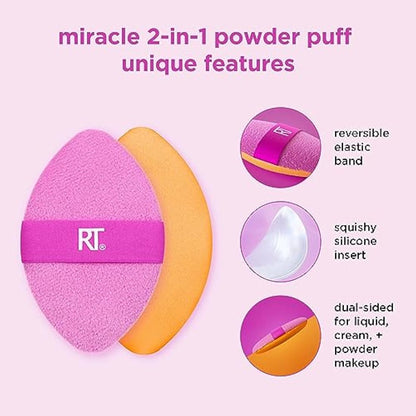 Real Techniques Miracle 2-In-1 Powder Puff, Dual-Sided, Full-Size Makeup Blending Puff, Reversible Elastic Band, Precision Tip Makeup Sponge and Powder Puff, For Liquid, Cream and Powder, 2 Count