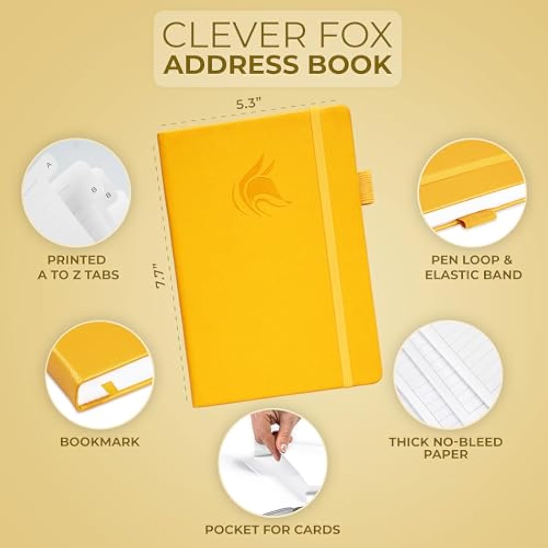 Clever Fox Address Book with alphabetic tabs - PU Leather Telephone and Address Book for Keeping Contacts Safe, Contact Organizer Journal, Medium Size (13.5 x 19cm) Hardcover, Amber Yellow