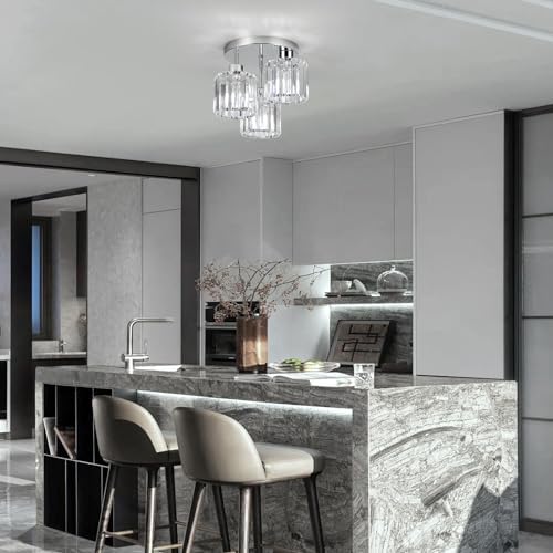 FORCOSO Ceiling Light 3 Lights, Modern Light Shade Crystal Light Fitting, Semi Flush Chandelier Lampshade, E27 Lighting Fixture for Living Room Bedroom Hallway Kitchen Dining Room Foyer Chrome