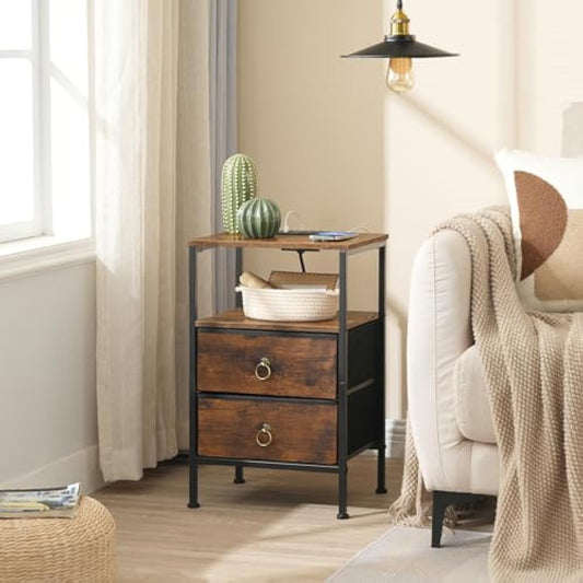 HOOBRO Bedside Table with Charging Station, Side Table with 2 USB Ports and Outlet, End Tables with 2 Fabric Drawers, Nightstand for Small Spaces, Rustic Brown and Black EBF110KBZ01