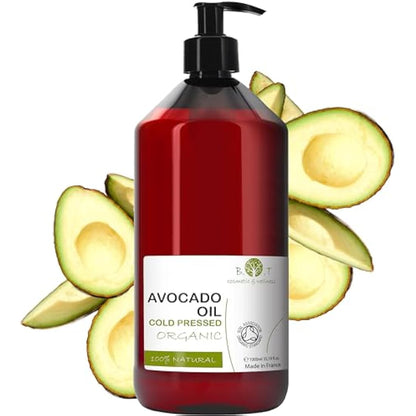 Organic Cold Pressed Avocado Oil Anti-Wrinkle & Anti-Stretch Mark Properties | Hair and Eyelash Fortifier | Makeup Remover | Body Massage Oil | Nail Care, 1000ml