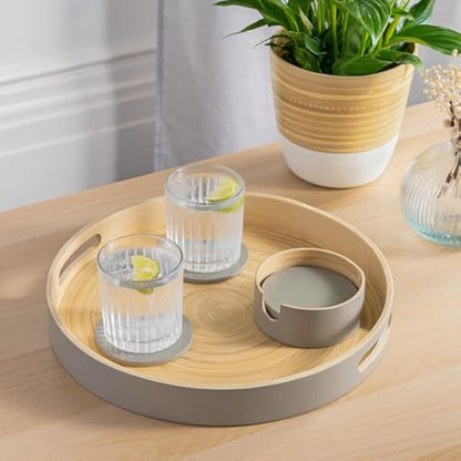Dehaus® Stylish Wooden Bamboo Tray - Grey Large - Luxury Round Wood Lap Trays for Eating Dinner, Tea and Coffee Tray, Bar Drinks or Food Serving Trays with Handles - Eco Friendly