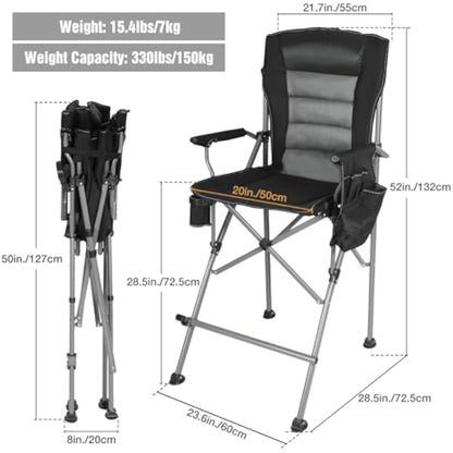 REDCAMP Tall Folding Chair with Footrest, Portable Artist Makeup Chair with Storage Side Bags, High Directors Chair for Camping, Heavy Duty Supports 300 lbs(Black gray)