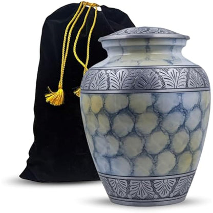 Silver Engraved Adult Cremation Urn for Human Ashes - Handcrafted Funeral Memorial Large Burial Urn (7.5" x 7.5" x 9.5"- 200lbs or 91kg, Cloud White) - Bag Included
