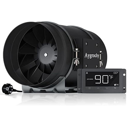 Aygrochy Quiet 8” Inline Duct Fan with Temperature Humidity Controller - Ventilation Exhaust Fan Using for Heating Cooling Booster, Grow Tents, Hydroponics,Home use Ventilation and Exhaust Blower.