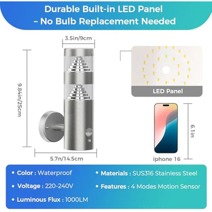 NBHANYUAN Lighting LED Outdoor Wall Light with 4 Modes PIR Sensor,SUS316 Stainless Steel Outside Wall Lamp for Garden,Enterway Wall Lights Fixture Mains Powered 220-240V 9W IP44 1000LM
