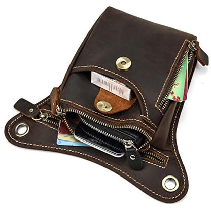 Mens Genuine Leather Messenger Shoulder Bag Motorcycle Bike Riding Cycling Multi-Purpose Thigh Waist Fanny Pack Travel Hiking Sports Camping Pouch, Dark Brown