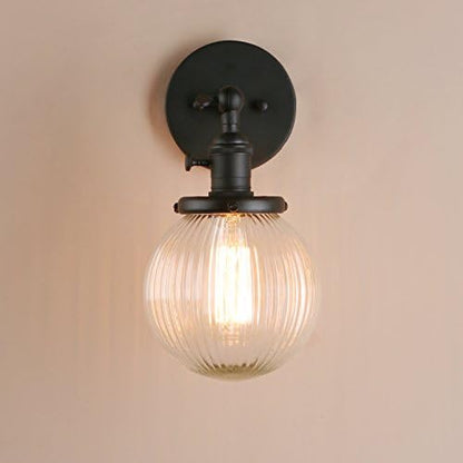 PathsOn 15cm Industrial Modern Vintage Retro Wall Lights, Loft Bar Kitchen Sconce Lights Lamp Fixture with Ribbed Globe Clear Glass Light Shade (Black)