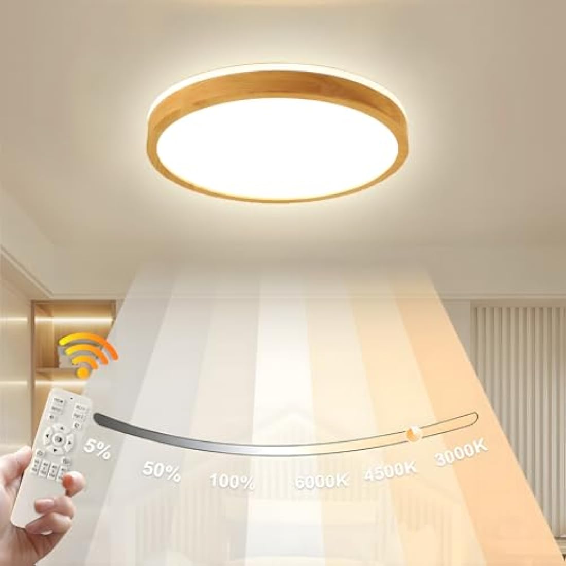 WayLuoung Wood LED Ceiling Light | Ø40cm 3000-6000K 30W | Round Top 360° Glow Natural Wooden Lamp, Bedroom Living Room Children's Room Kitchen Dining Room Home Office (Dimmable with Remote Control)
