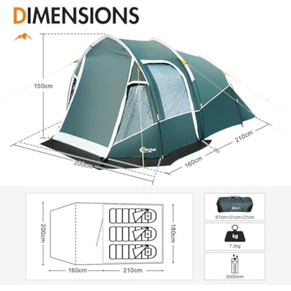 Portal 2-3 Man Tent Luxury 3000mm Waterproof with Porch Awning 3 Person Camping Tent with Sewn-in Groundsheet 2 Man with Bedroom Lightweight Tunnel for Festival Outdoor Hiking