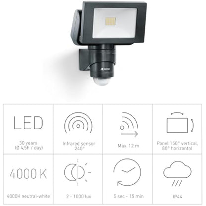 Steinel LED Outdoor Spotlight LS 150 S Black, 240° Motion Sensor Light, max. 12 m Range, 14.7 W, 4000 K, 1375 Lumen
