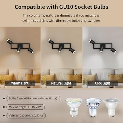 Dehobo GU10 Ceiling Lights LED Kitchen, Black Ceiling Spotlights 3 Flames Swiveling 350°, Ceiling Spotlight Bar Spotlighting for Kitchen Bedroom Living Room, No Bulb