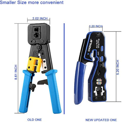 CHZHLM RJ45 Crimp Tool Kit All in One Pass Through Crimper Stripper Cutter for Cat5e Cat6 Cat6a Pass Through Connector with 50Pcs Connectors 50Pcs Covers Mini Stripper Pliers Tester