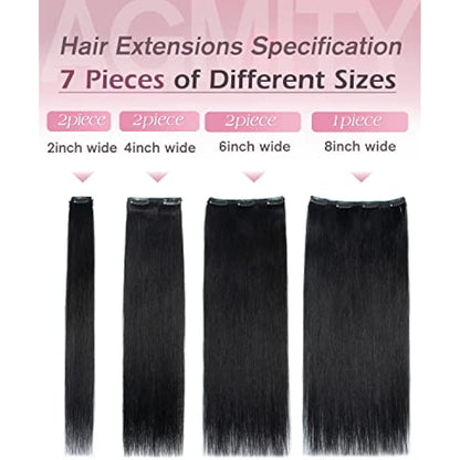 AGMITY Clip in Jet Black 16 inch 7Pcs 120g 100% Real Remy Human Hair Seamless Double Weft Straight Hair Extensions
