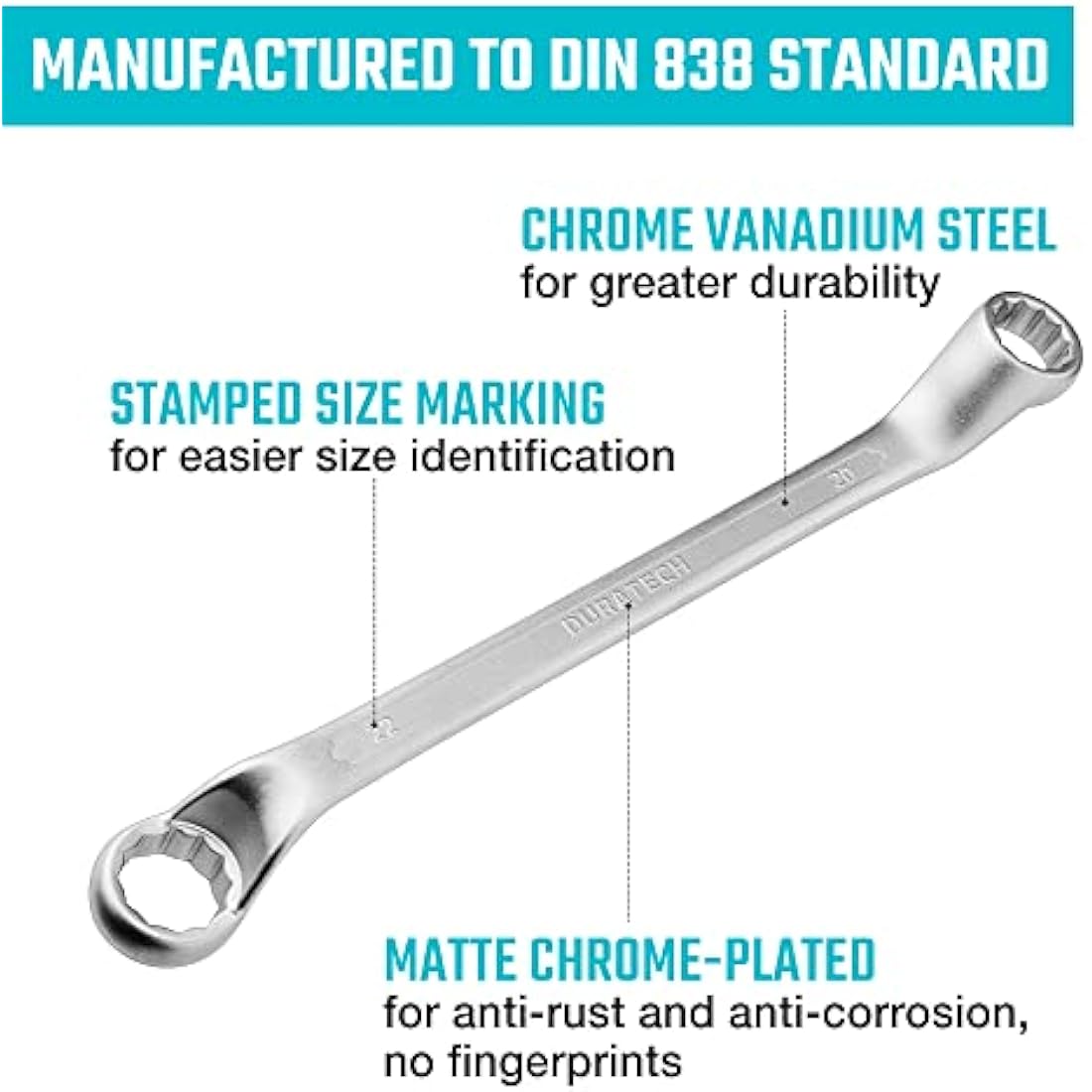 DURATECH Offset Double Ring Spanner Set, 12-Piece Metric Box End Wrench Set with Carry Pouch, Chrome Vanadium Steel, Matte Chrome-Plated, DIN 838, 75-Degree Offset, 6-32mm, 12-Point