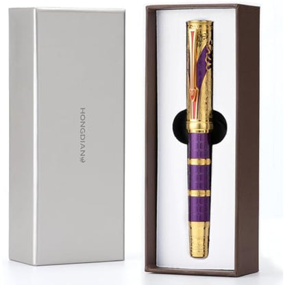 HONG DIAN Hongdian D5 Qin Dynasty Fountain Pen Purple Gold, Extra Fine Nib, Piston Filling, Retro Chinese Totem Engraving, Pen Box Set