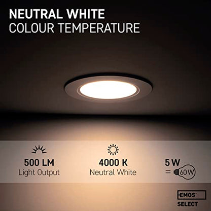EMOS LED Downlights for Ceiling, 5W/500 Lumens, Neutral White 4000K | IP54 Waterproof LED Spot Lights for Bathroom etc. | Set of 6 Recessed LED