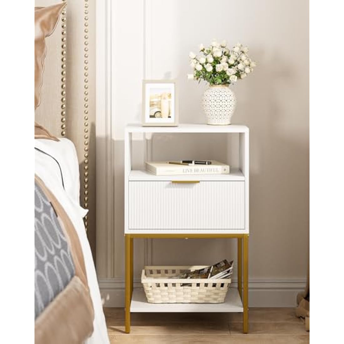 HEYZOEY Bedside Table, Small Bedside Cabinet with Drawer and Storage Shelf, 25.4" H Tall Nightstand End Sofa Side Table with Gold Frame for Bedroom, Living Room, White