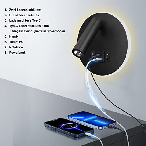 uksunvi LED Reading Lamp Wall Lamp USB Type-C Two Charge Mouth Switch Adjustable 12W LED Spotlight 3000K Wall Lamp Aluminum Bed Lamp Rotatable (Round