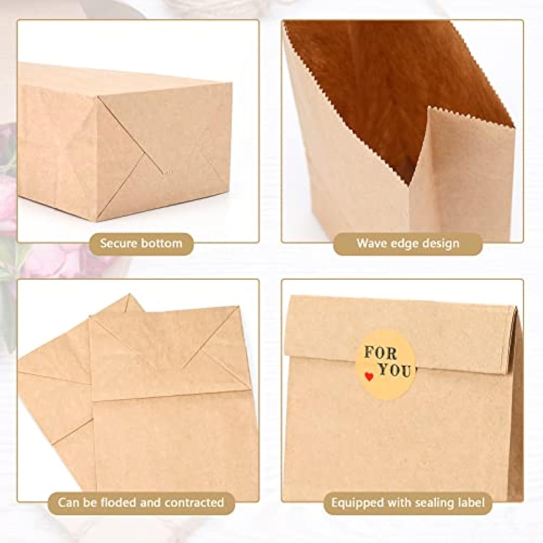 G2PLUS 50 Large Brown Paper Bags - 15.5x10x30 CM Kraft Candy Favor Bags with Stickers for Snack, Birthday, Wedding and Easter Xmas Party