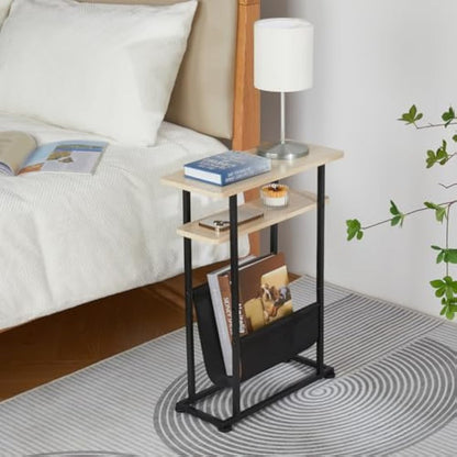 ZEXVIDA Small Side Table for Small Spaces - Slim End Table with Magazine Holder - 2 in 1 Narrow End Table Living Room - Skinny Bedside Table Nightstand Bedroom Thin Side Table (Oak)
