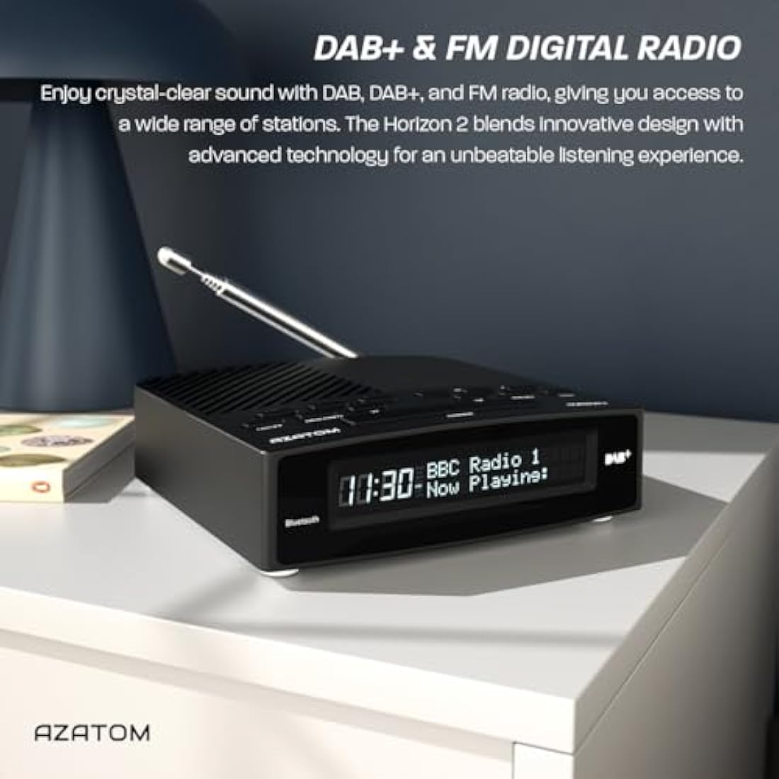 AZATOM Horizon 2 Black DAB+ & FM Radio, Dual Alarm Clock, Bluetooth, USB Mobile Charger, Mains & Battery Powered, Headphone Aux Input