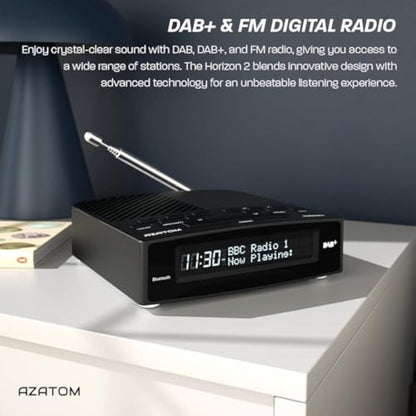 AZATOM Horizon 2 Black DAB+ & FM Radio, Dual Alarm Clock, Bluetooth, USB Mobile Charger, Mains & Battery Powered, Headphone Aux Input