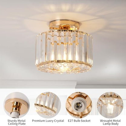 ZYDTRIP Crystal Ceiling Light Fixture Semi Flush Mount Ceiling Lamp Modern Gold Crystal Chandelier for Living Room Hallway Dining Room Kitchen