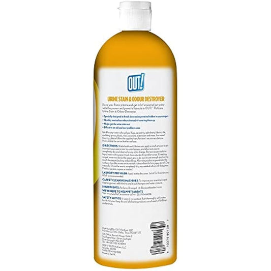 OUT! Urine Stain & Odour Destroyer for Pets | Enzymatic Pro-Bacteria Cleaner - 1 Litre