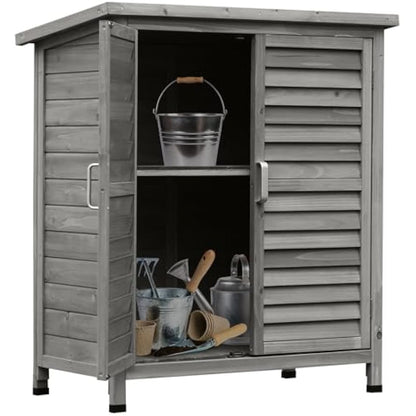 Outsunny Garden Shed Wooden Garden Storage Shed 2 Door Unit Solid Fir Wood Garage Tool Organisation Cabinet, 87L x 46.5W x 96.5Hcm, Grey