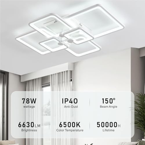 HIHIHOMY Modern LED Ceiling Light Dimmable with Remote Control 6-Ring Living Room Geometric Design 78 W 6630 LM, White for Bedroom, Kitchen, 3000-6500 K Lamp [Energy Class F]