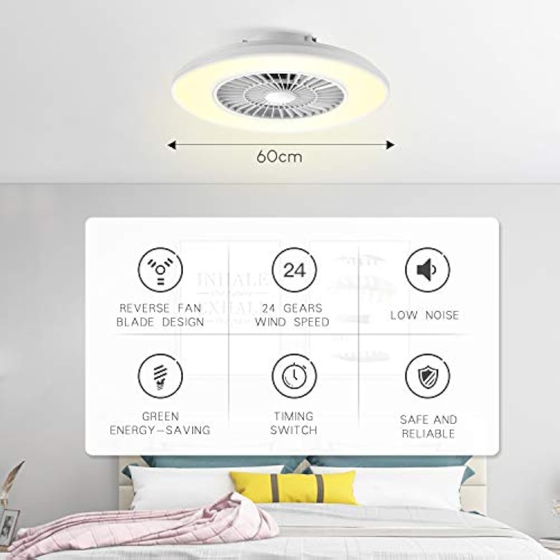 BKZO 60CM LED Ceiling Light with Fan, Ceiling Fan Lights 24 Levels Wind Speeds, Stepless Dimming Light, Modern Fan Lighting for Living Room, Dining Room, Bedroom, Office, 3000-5500K, White