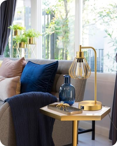 EDISHINE Bedside Lamps Set of 2, Dimmable LED Table Lamp, Teardrop Cage Lampshade, USB Charging Ports, Touch Lamps for Living Room, Bedroom, E27 Socket, Bulb Included, Gold