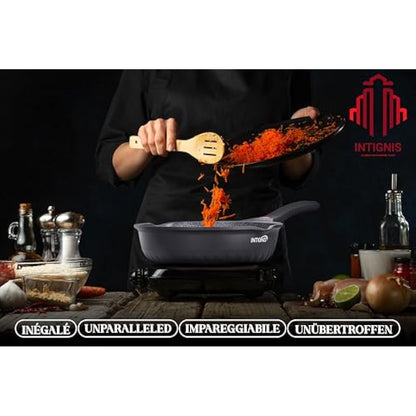 INTIGNIS Deep Non-Stick Frying Pan with Lid – 3-in-1 Sauté Pan, Skillet & Mini Wok – GREBLON Ceramic Coating | Induction Hob Safe | Stainless Steel Base |PTFE & PFOA Free (Black, 24 cm)