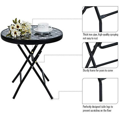 PHI VILLA Folding Side Table, Foldable Coffee Table, Outdoor Garden Table, Small Round Patio Table - Black