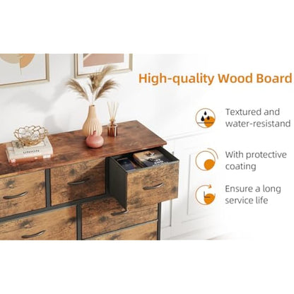 CAIYUN Chest of Drawers,Dresser for Bedroom with 9 Drawers,Fabric Dresser with Wood Top and Large Storage Space, Easy to Assemble, for Bedroom, Living room, Rustic Brown