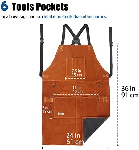 QeeLink Leather Welding Apron with Gloves for Men and Women, Work for Carpenter, Woodworker with 6 Pockets, Adjustable M to XXL