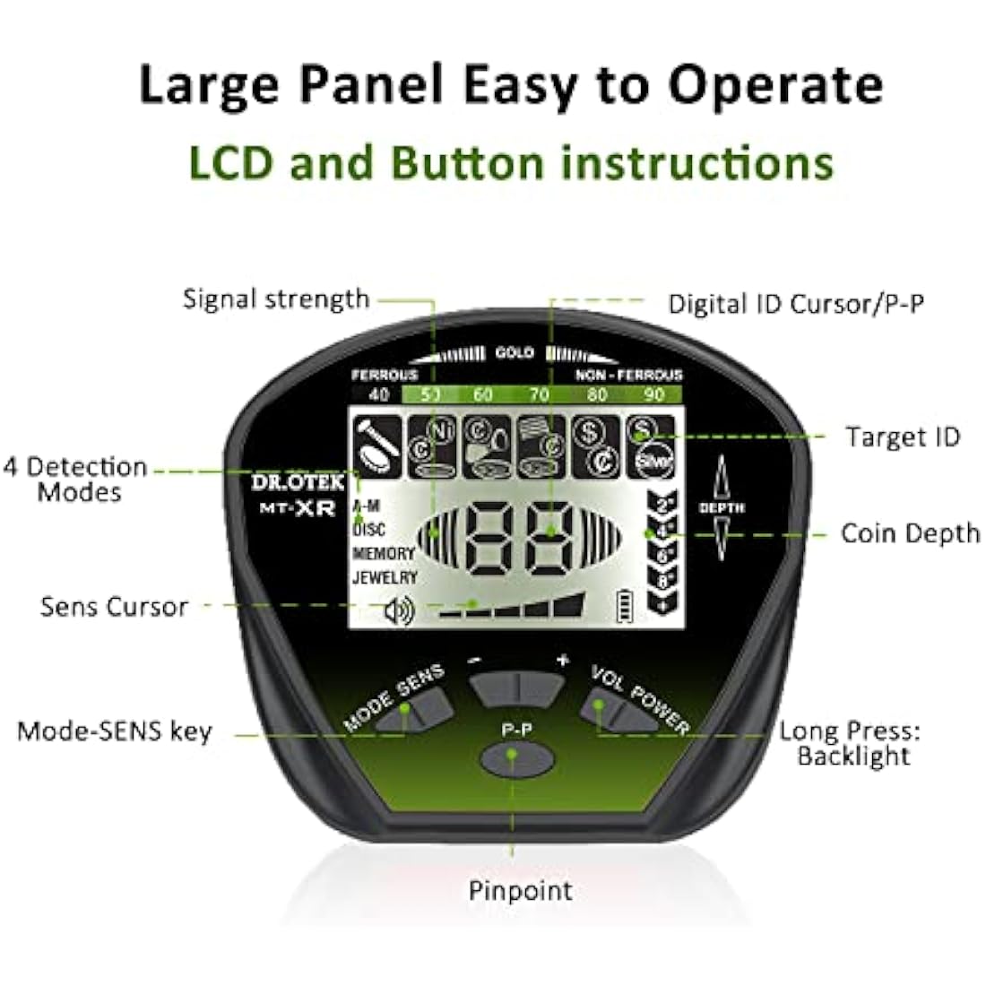 DR.ÖTEK Metal Detector for Adults Professional, Gold Metal Detector, Pinpoint & Exclusive Memory Mode, Higher Accuracy, IP68 Waterproof Coil, Big Backlit LCD Display, Advanced DSP Chip, Green
