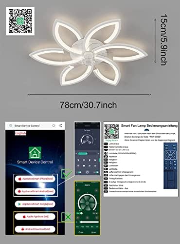DIDADIDA Silent Ceiling Fan with Light, Ceiling Fan with Remote Control and Lighting APP dimmable Brightness 70W Creative Acrylic Flower Shape Ceiling lamp with Fan (White)