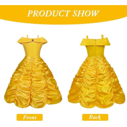 Vicloon 9 Pcs Princess Belle Costume Dress,Little Girl Princess Dresses Fancy Dress Childs Party Outfit with Crown Wand Gloves Necklace Ring and Earrings Yellow