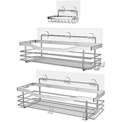 Orimade Shower Caddy Basket Soap Dish Holder Shelf with 5 Hooks Bathroom Organiser Shelf Kitchen Storage Rack Wall Mounted Adhesive No Drilling SUS304 Stainless Steel - 3 Pack