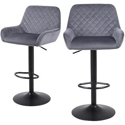 ralex-chair Bar Stools Set of 2, Height Adjustable Velvet Fabric Swivel Barstool Bar Chairs, Breakfast Dining Stools With Backrest and Armrest for Bar, Counter and Kitchen, Grey