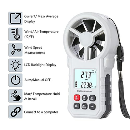 Digital Anemometer, Handheld Wind Speed Meter with Temperature/Humidity Sensor, USB & Bluetooth Connectable Air Flow Meter Wind Gauge for