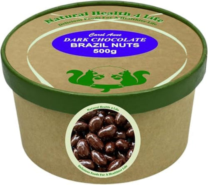 Natural Health 4 Life Carol Anne Confectionery Dark Chocolate Brazil Nuts 500g, Recyclable Kraft Tub and Sealed with Kraft Paper to Retain Freshness, Gluten-Free, Vegetarian,7.6g Protein/100g (1 Tub)
