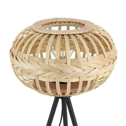 Eglo Tripod Bedside lamp Amsfield 1, Boho Style Light Fixture, Living Room and Bedroom Lighting, Black Metal and Natural Coloured Bamboo, E27 Socket,