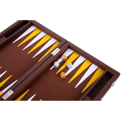Engelhart - 250520 - Luxury Backgammon Set 15" - faux leather exterior, interior special felt inlay - pearly dice and token - 2 tumblers