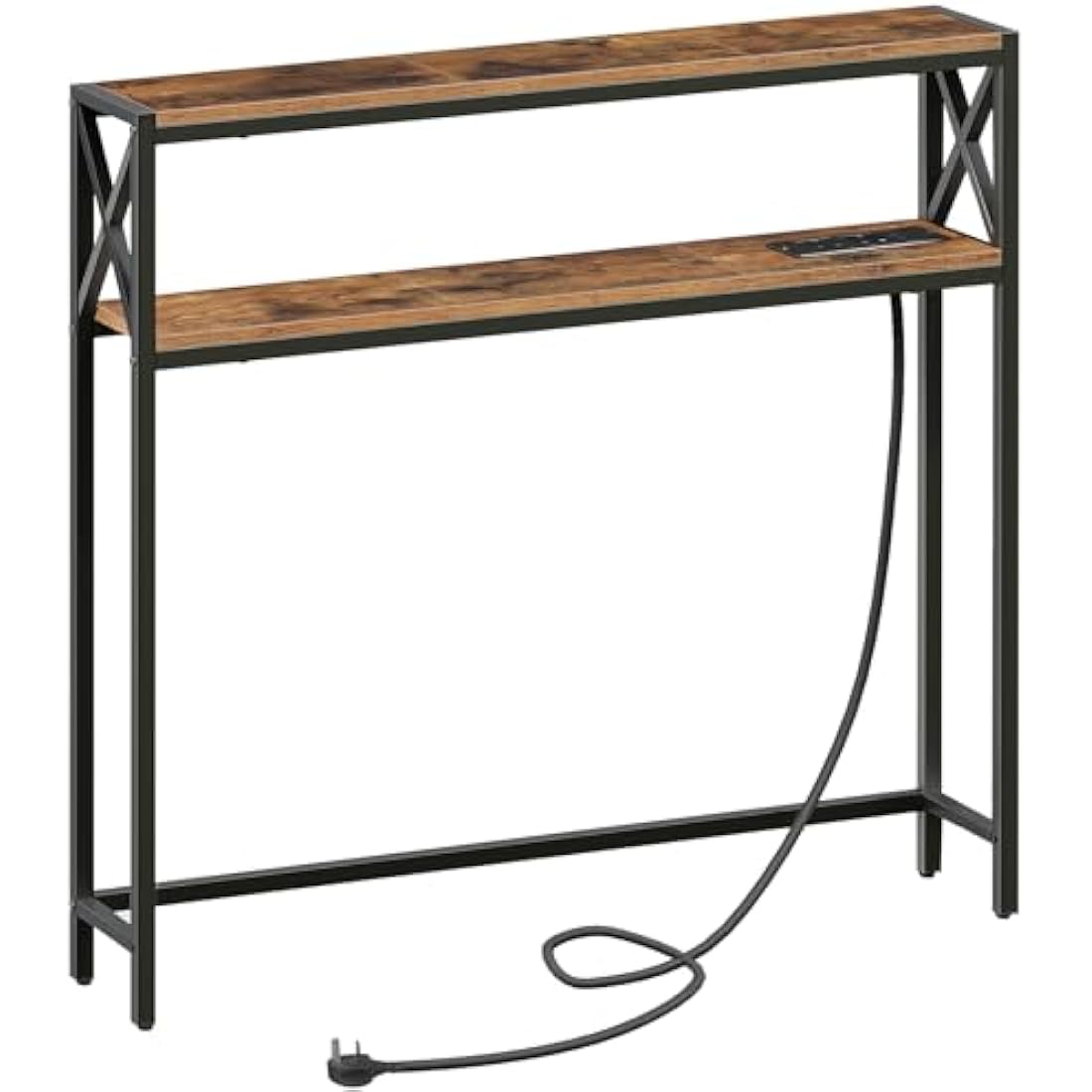 MAHANCRIS Narrow Sofa Table with Charging Station, 100 cm Behind Couch Table, Skinny Console Table with Outlet for Living Room, Rustic Brown and Black ACTHR115KE01N1