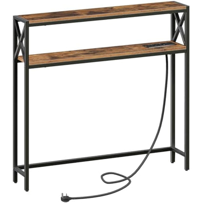 MAHANCRIS Narrow Sofa Table with Charging Station, 100 cm Behind Couch Table, Skinny Console Table with Outlet for Living Room, Rustic Brown and Black ACTHR115KE01N1