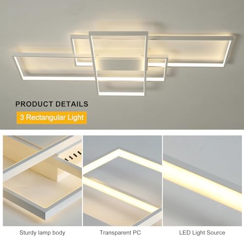 JIINOO Dimmable LED Ceiling Light, 110cm Flush Mounted Ceiling Light with Remote Control, 70W Square Acrylic Modern Simple Design Fixture for Bedroom Living Room, White
