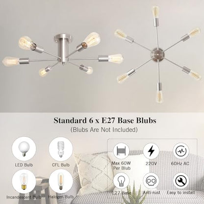 MRHYSWD Sputnik Ceiling Light Nickel Modern Light Fittings Ceilings, 6 Lights Vintage Ceiling Lamp Industrial Ceiling Lights Living Room Bedroom Kitchen Hallway Bath, Without E27 Bulbs